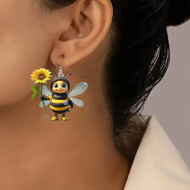 1 Pair of Original Design Little Bee Acrylic Earrings Holding Sunflowers, a Pair of Beautiful and Interesting Ladies Earrings