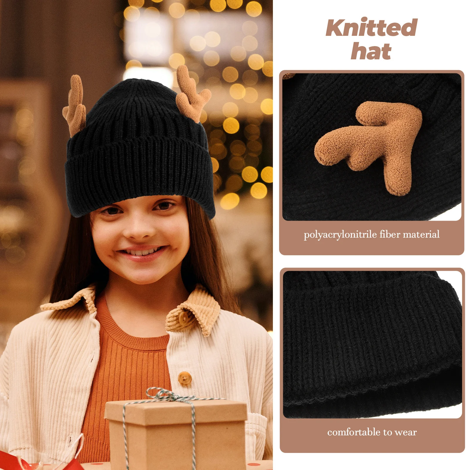 

1Pcs Christmas Antlers Knitted Warm Hat Soft Lined Winter Knit Size Fits Most People Cozy Holiday Accessory