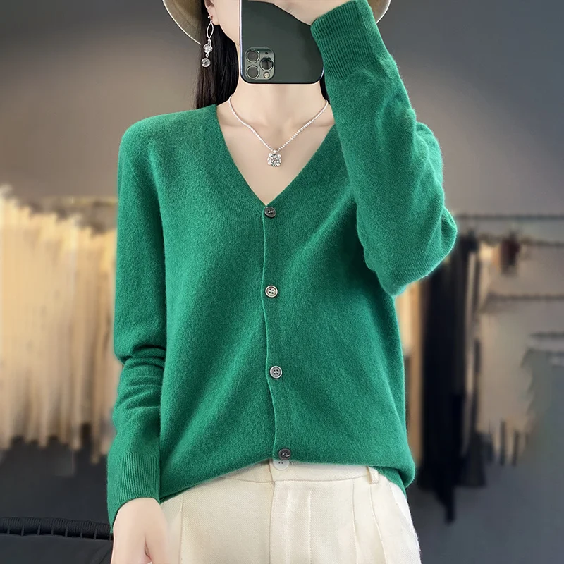 Autumn And Winter 100% Wool V-neck Knitted Cardigan Basic Versatile Coat Women\'s Elegant Sweater Loose Cashmere Sweater WQ015