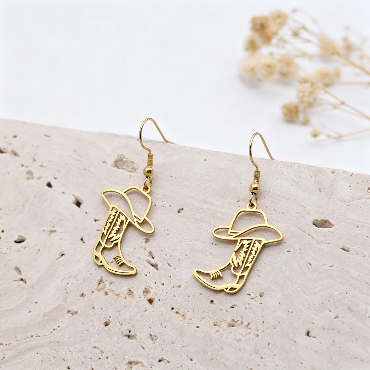 QIAMNI Western Cowboy Hat Boot Dangle Earrings Stainless Steel Cowgirl Pendant Drop Earring Gifts Piercing Jewelry for Women Men