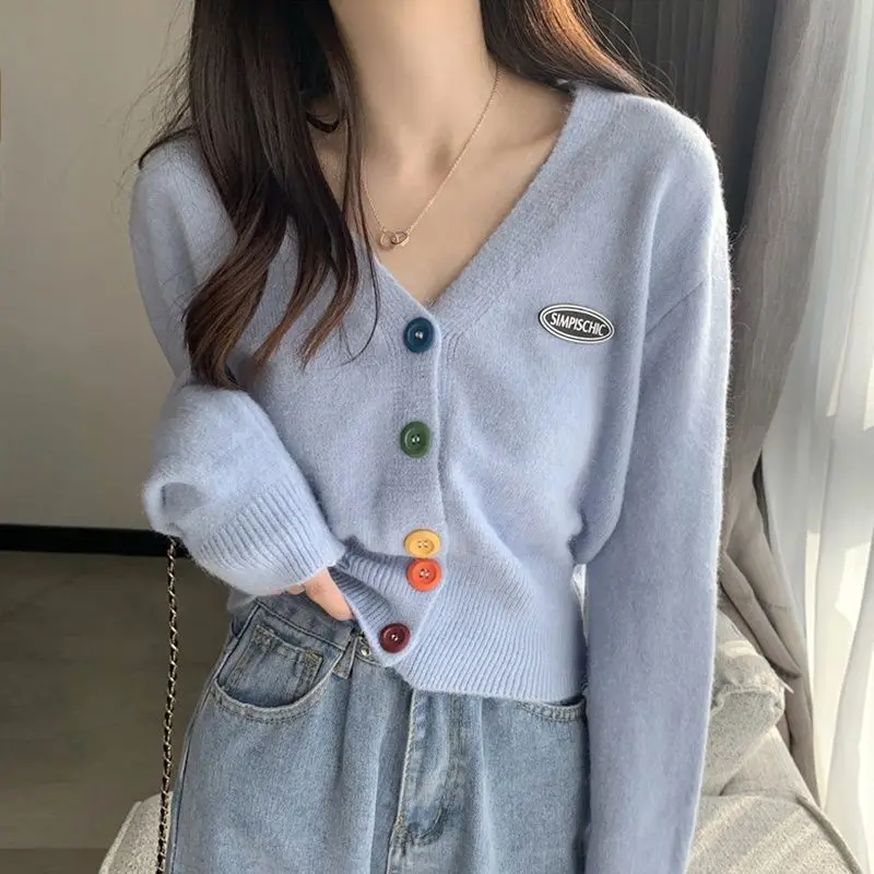 Screw Thread Button Solid Color Cardigan Sweater Knitted V-Neck Coats Fashion All-match Women\'s Clothing Autumn Winter Tops