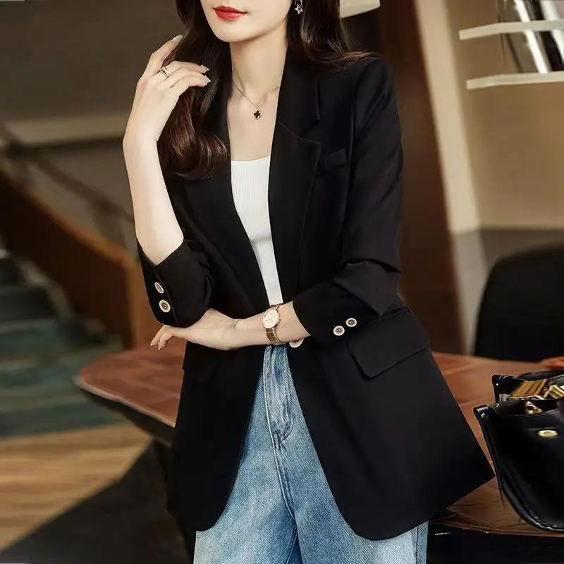 Office Lady Korean Fashion Business Casual Single Button Blazers Spring Autumn Women Notched Neck Long Sleeve Slim Suit Jackets