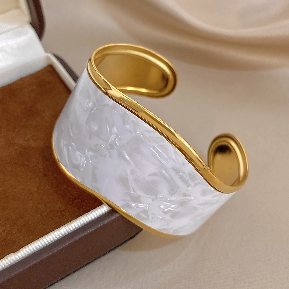 Fashion Gold Plated Stainless Steel Abalone Shell Wide Cuff Bangle For Women Irregular Open Bracelet Statement Jewelry Gift