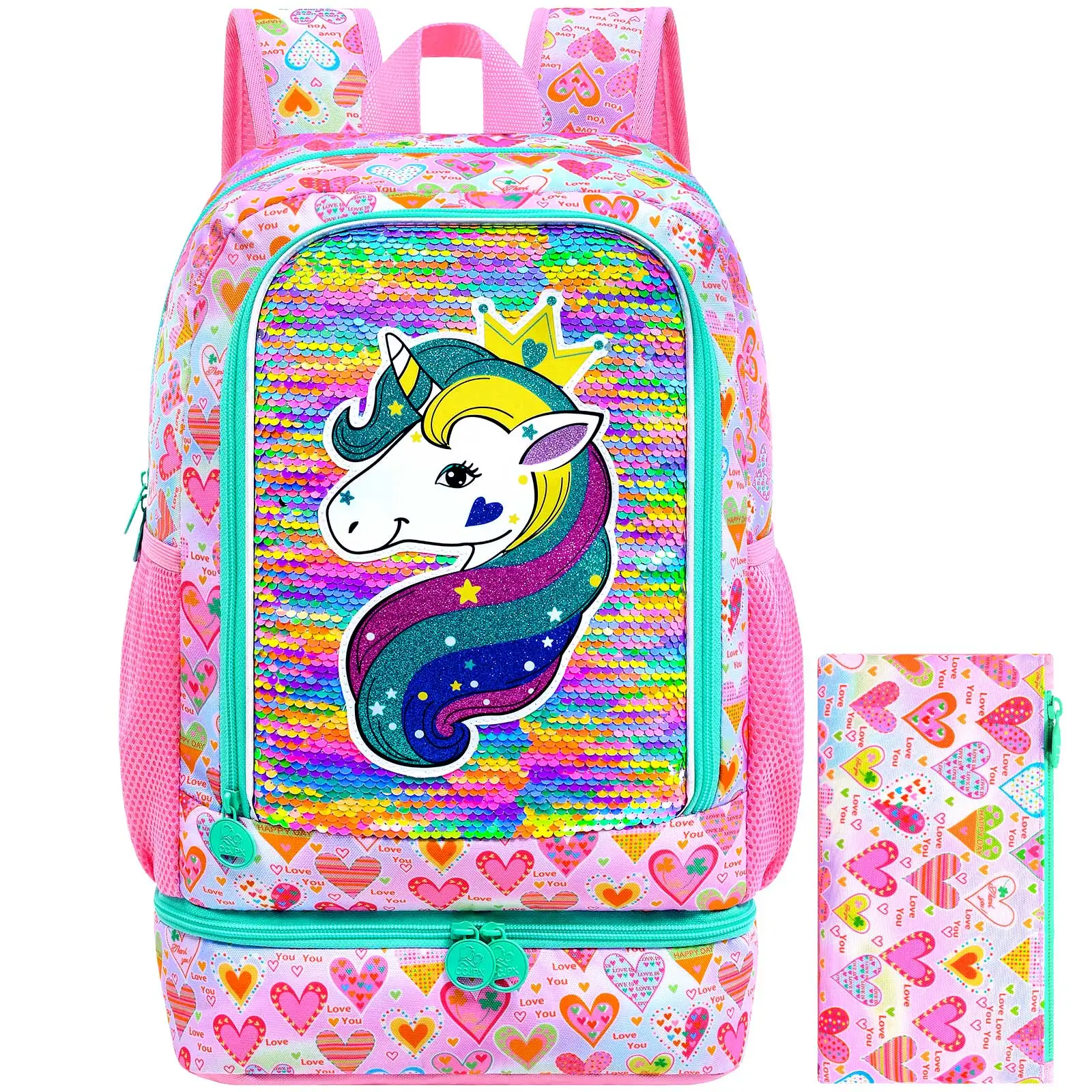 

2-in-1 Backpack for girls,17" Elementary Students Backpack Preschool Bags and Lunch Box- Pink Sequin Unicorn