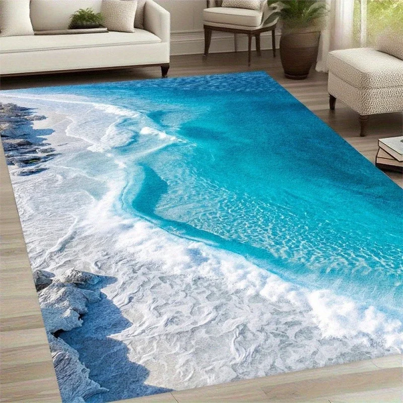 Clear Blue Ocean White Sand Beach Wave Print Large Area Rug Soft Flannel Non Slip Floor Carpet for Living Room Decor