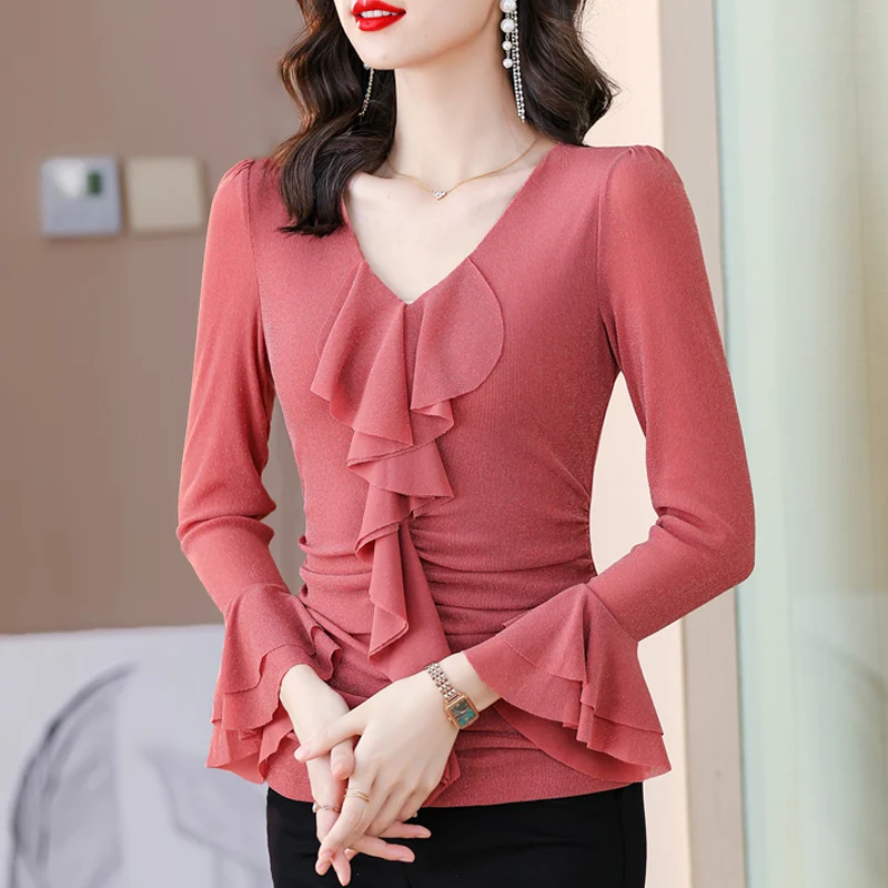 M-4XL 2023 Autumn Winter New Women Tops Slim Long Sleeve Bottoming Shirt Elastic Slim Fit Ruffles Silk Bright T shirt