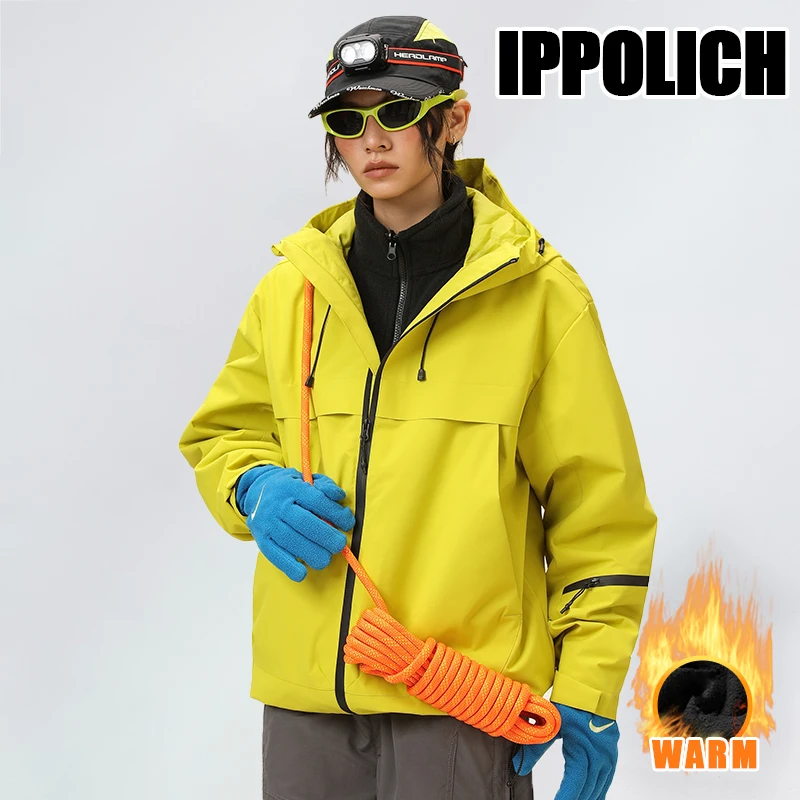 Unisex 3 in 1 Outdoor Windproof Waterproof Mountain Jacket Loose Fit Hood Adjustable Drawstrings Travel Hiking Outer Coat
