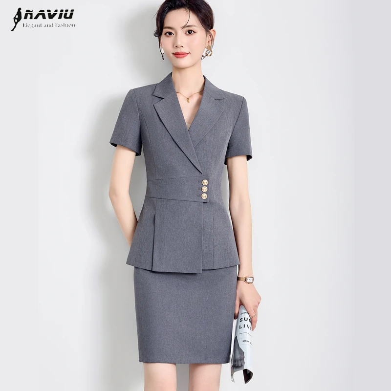 

NAVIU Elegant Women Gray Suit New Summer Professional Formal Short Sleeve Slim Blazer And Skirt Office Ladies Work Wear