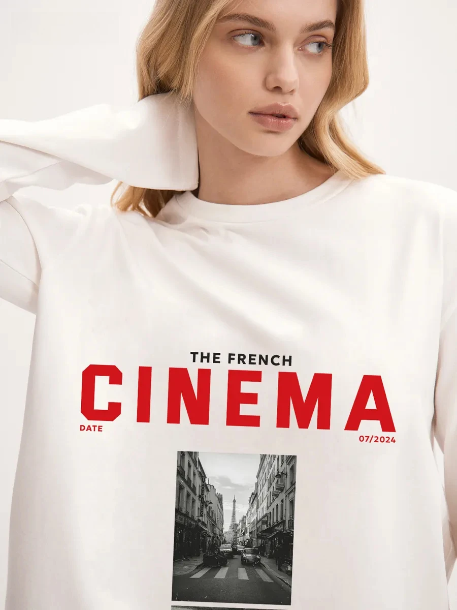 100% Cotton Long Sleeve Spring Autumn Women's Fashion Letter Retro Abstract Print T-Shirt INS Style Loose Versatile Casual Top