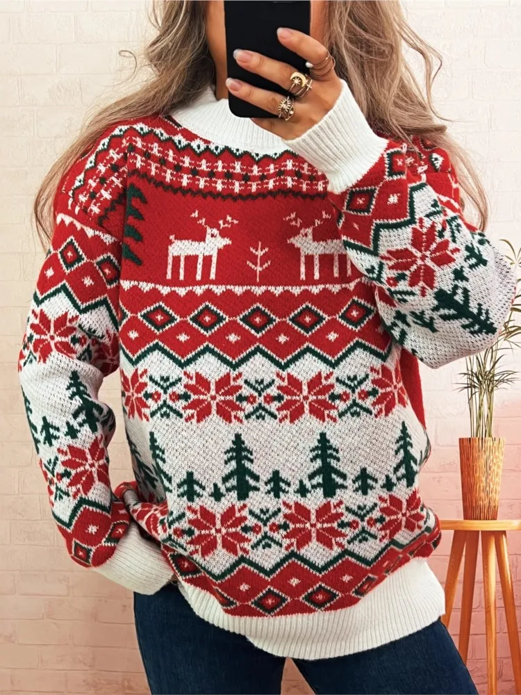 Pull de noël ample et décontracté en Jacquard contrasté pour femme, col rond, Style à la mode, à manches longues, nouvelle collection automne et hiver