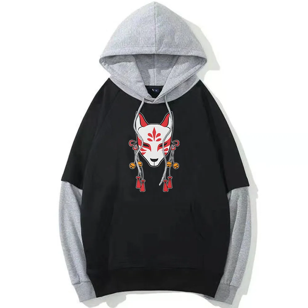 Kitsune Fox Mask Hoodie Men/Women Patchwork Sweatshirt Anime Graphic Hoody Japanese Style Pullovers Manga Printing Clothing