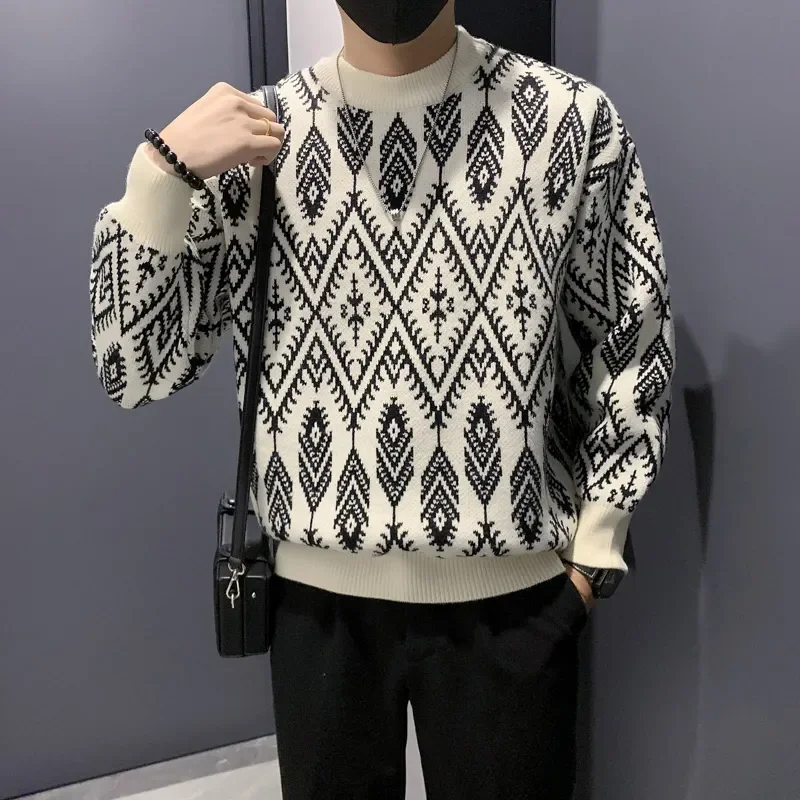

Жаккардовый свитер в этническом стиле, мужская нижняя рубашка с длинными рукавами, осенне-зимний вязаный свитер, пуловер, топ