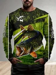 Men's Outdoor Fishing Long Sleeve T-shirts 3D Fish Print Round Neck tshirt Summer Casual Loose Top Oversized Men Fishing Clothes