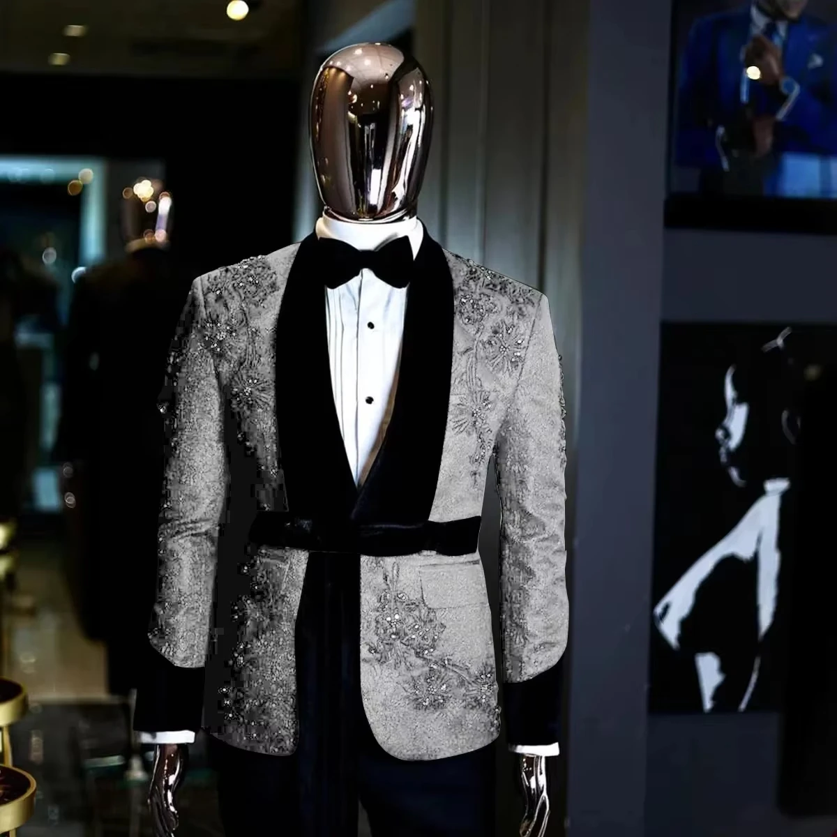 Aangepaste Mannen Pakken Bruiloft Maatwerk Party Tuxedo 2 Stuks Slim Fit Gedrukt Blazer Jas Kristal Bruidegom Prom Zanger Bruidegom