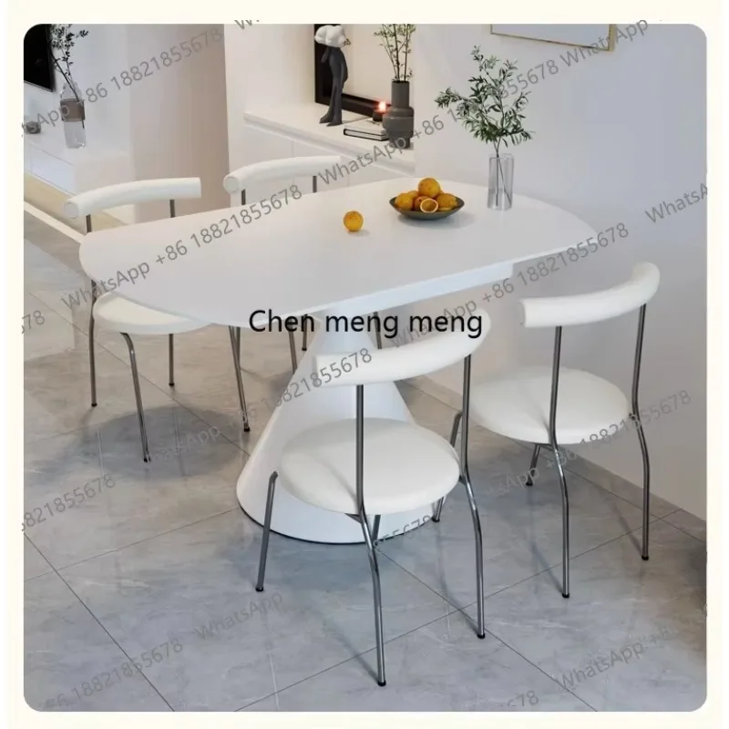 E136  Cream wind pure white matte rock slab dining table rotating telescopic folding small apartment dining table