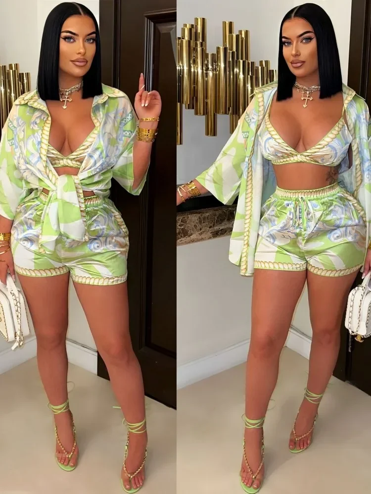 

Комплект из 3 предметов, сексуальный комплект из 3 предметов, лето-весна, модный женский комплект, женская рубашка в полоску с рукавами 3/4, топы и шорты, костюм в тон, наряд