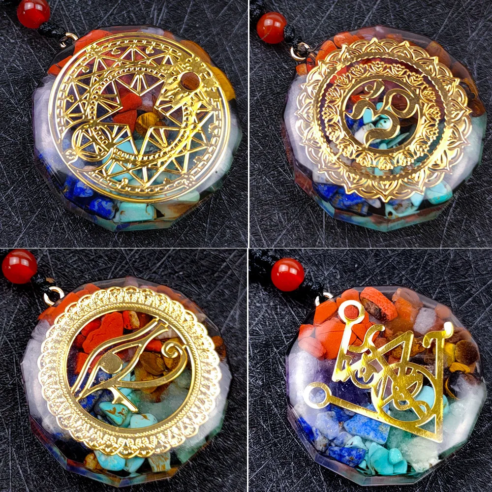 7 Chakra Orgone Energy Pendant Chip Stones Metatron's Cube Merkaba Sacred Geometry Amulet OM Reiki Healing Crystal Yoga Necklace