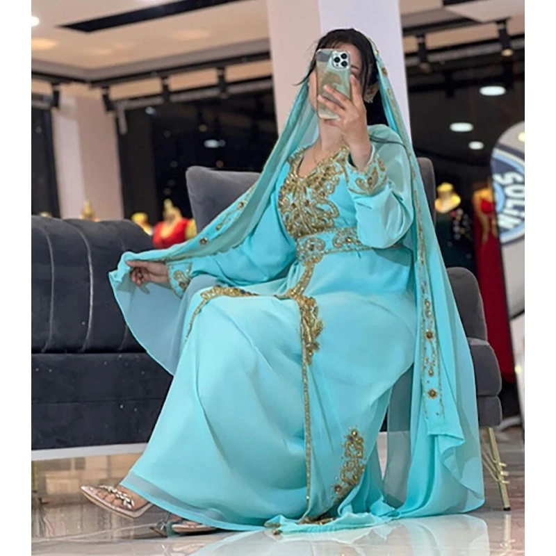 Turquoise Kaftani Jenna Abaya Bloemen Lange Trouwjurk Dubai Marokko Modetrends