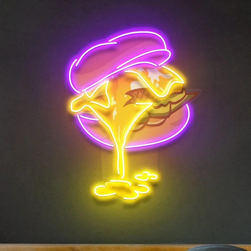 Hamburger LED Neon Light Sign Eye-Catching Restaurant Fast Food Diner Burger Bar Cafe Shop Commercial Wall Decor USB ​​dimmable