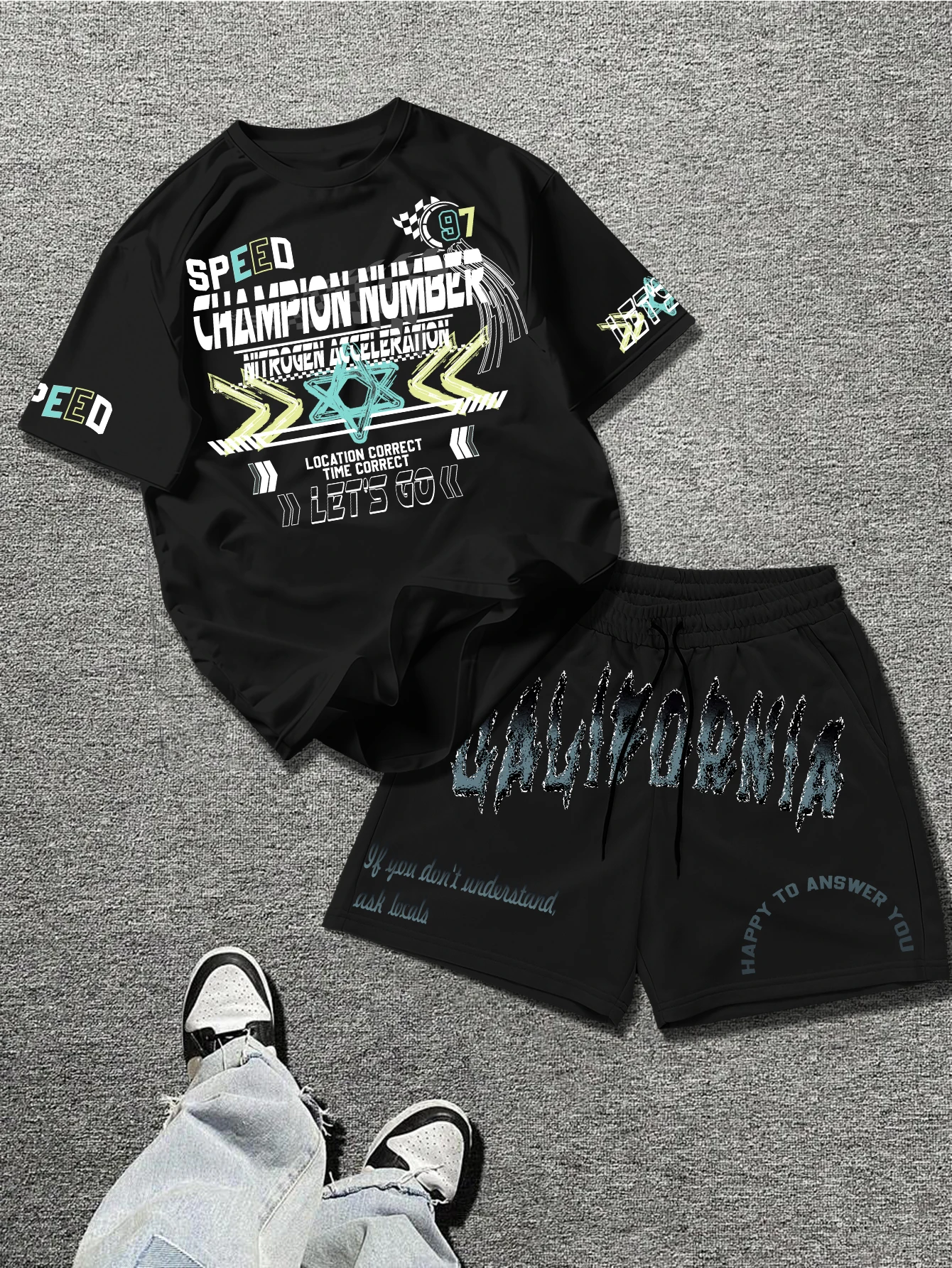 

Men's Y2K Streetwear 2 Piece Outfit Polyester Speed Racing California Print T‑Shirt & Sweat Shorts Set Black Apricot Pink White