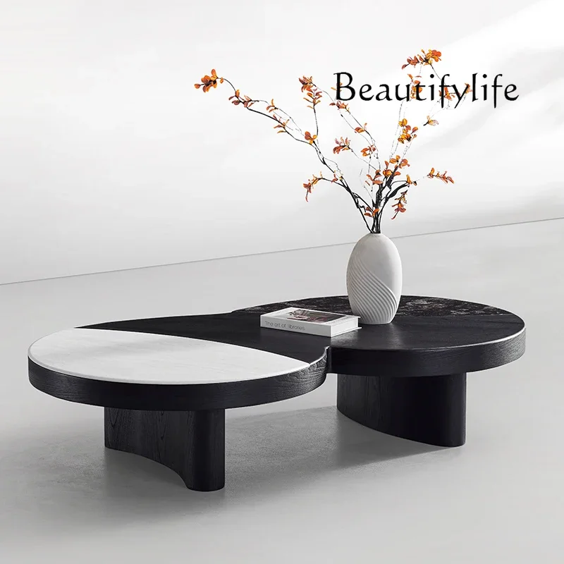C Italian Minimalist Marble Coffee Table Household Elm Skin Feeling Hole Gray Small Apartment Special-shaped Coffee Table
