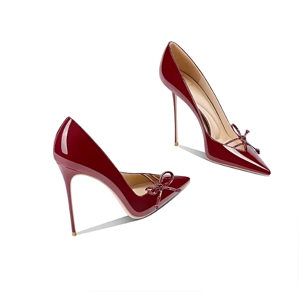 New Commuter Wine Red Temperament Pointed Fine Heels Women's Lacquer Leather Versatile Fashion Banquet Single Shoes