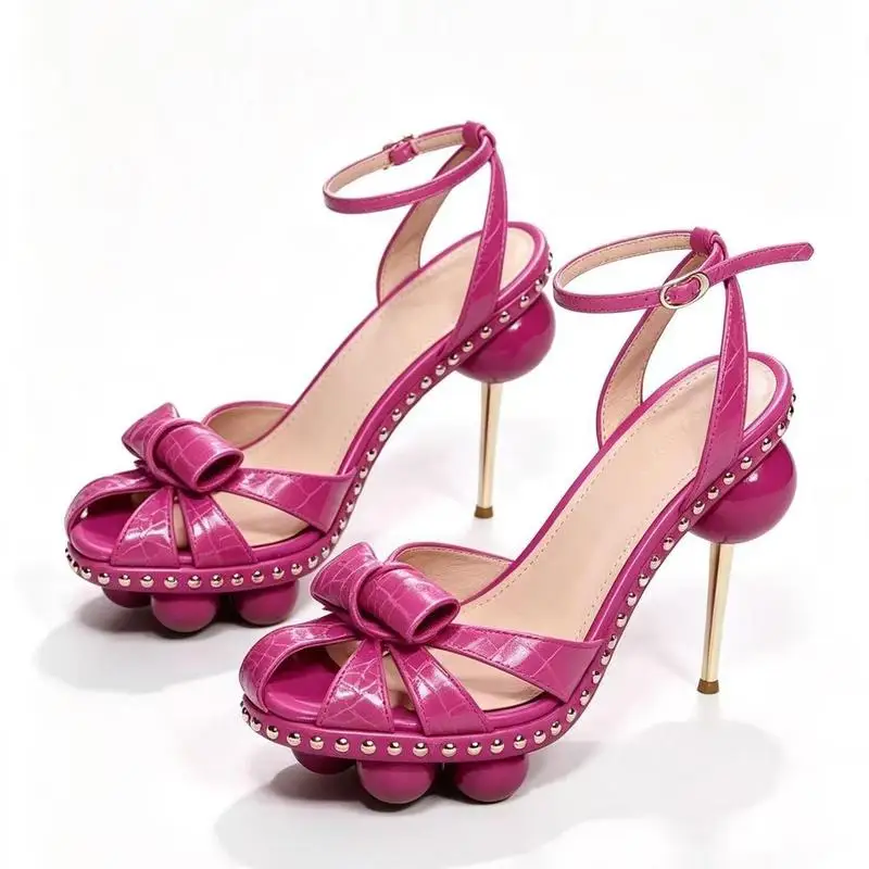 Women Bow Studded Platform Sandals Round Toe Ankle Unique Ball‑Shape Stiletto High Heel Party Evening Dress Pumps F476