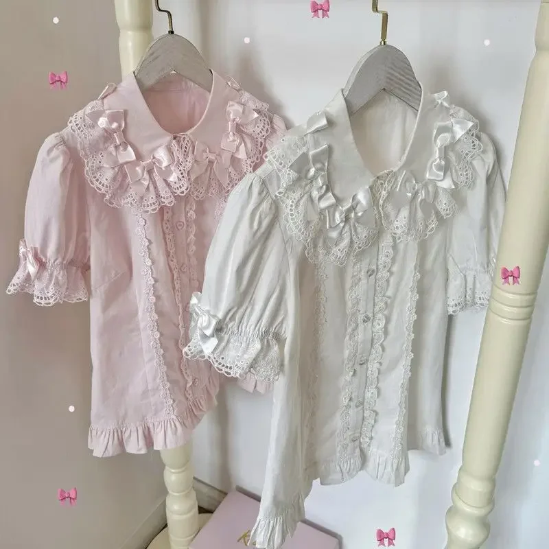 Japanse Kawaii Lolita Blouses Vrouwen Zoete Boog Ruches Katoenen Top Zomer Meisjes Preppy Stijl Bladerdeeg Korte Mouw Leuke Shirts