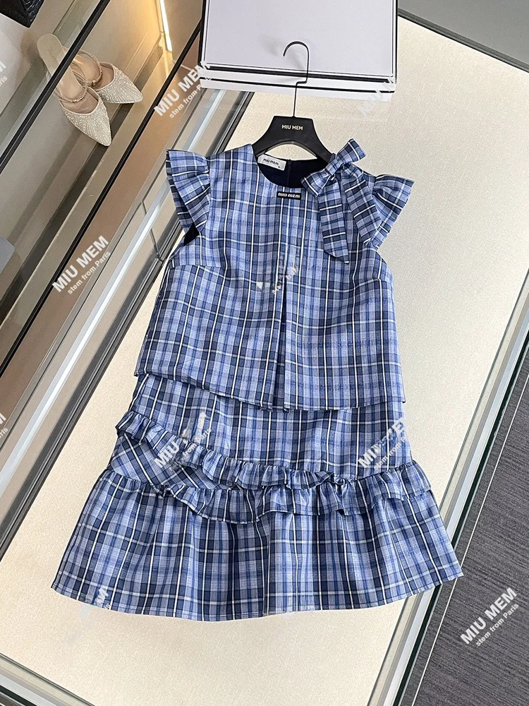 

Summer Plaid Dr with Knot And Fly Sve High Waist A-Line Skirt Commute Sle Midi Dr for Young Women