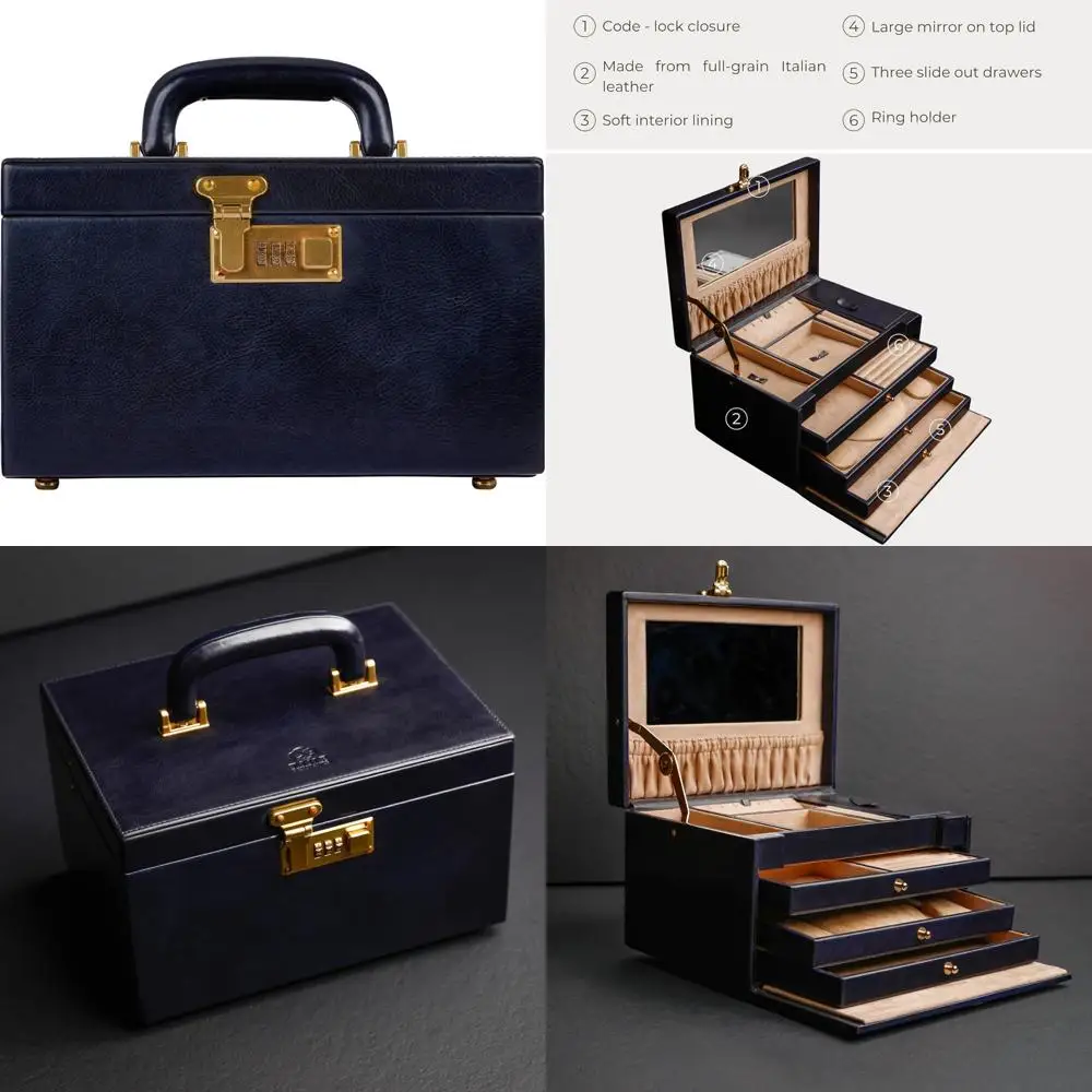 

Blue Full Grain Leather Jewelry Box with Key Lock for Women - Time-Resistant Organizer for Accessories Storage