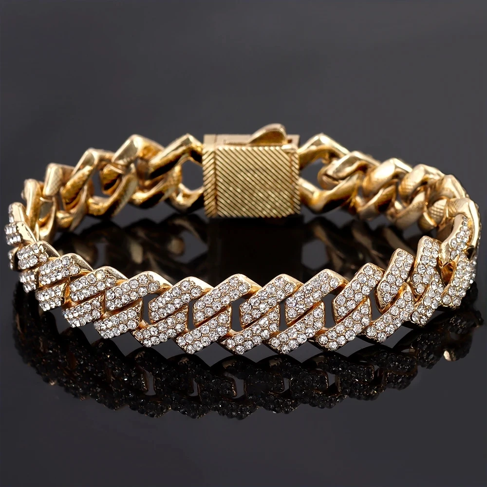 New Bling 14MM Cuban Link Chain Bracelet Men Women Hiphop Prong Rhombus Cuban Chain Bracelets Iced Out Jewelry Gifts