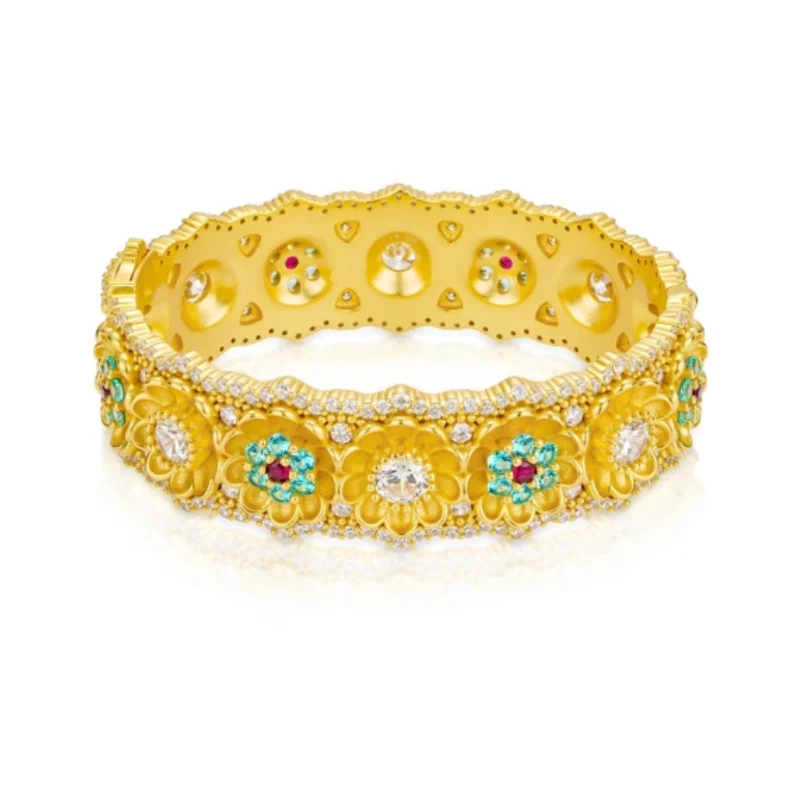 Bellux Vintage Floral Gold Bracelet For Women Multi‑Color Cubic Zirconia Flower Pattern Luxury Italian 925 Silver Wide Bangle