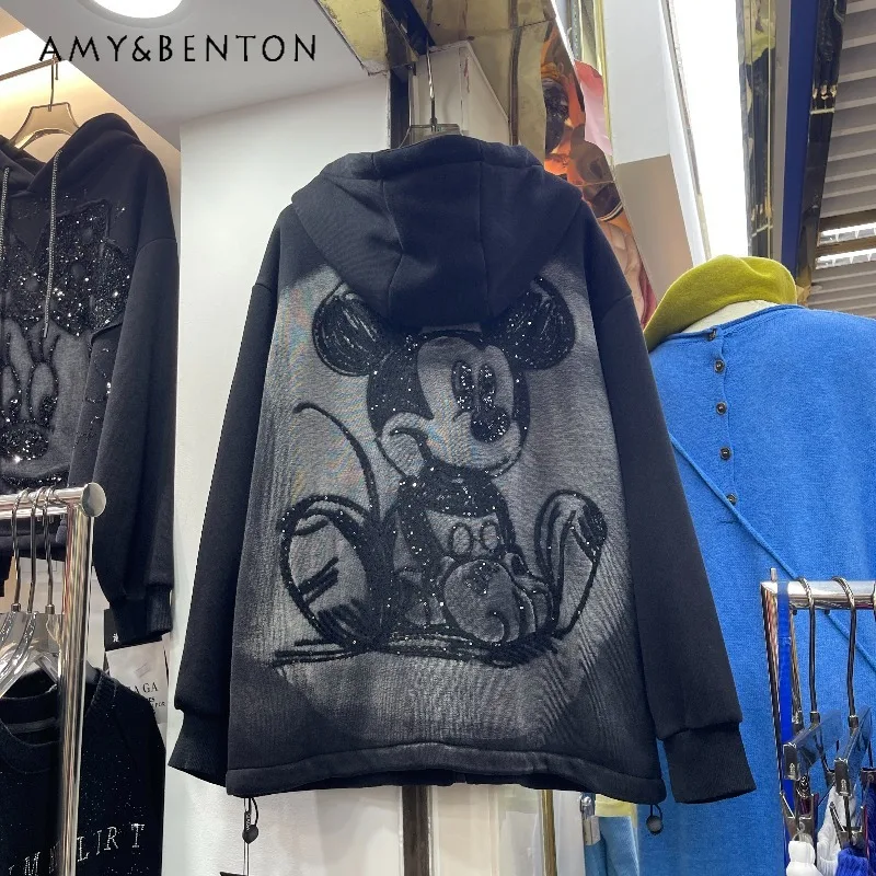 

American Style Casual Retro Color-Block Sweatshirt Heavy Industry Fleece-Lined Hoodie New Loose Slimming Loose Top Zipper Jacket