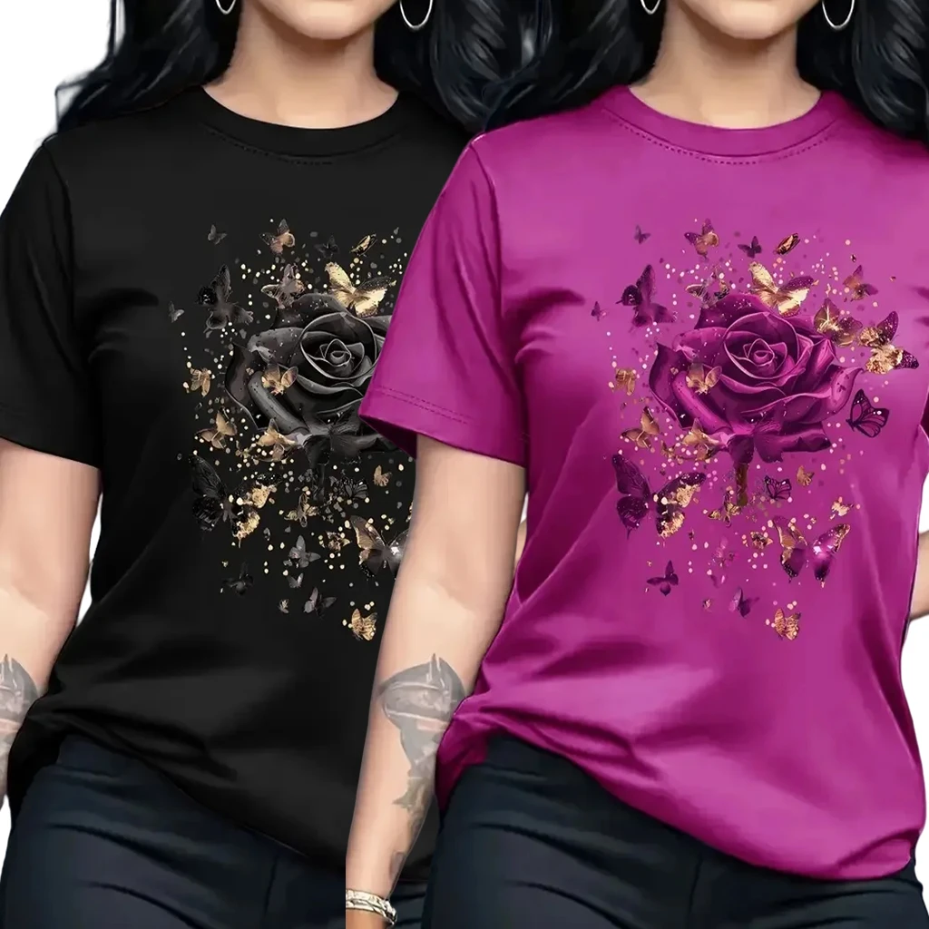

Fashion Women's Large Casual Rose Printed T-shirt Short Sleeve Round Neck Top Comfortable Home Quick Drying Short Sleeve T-shirt