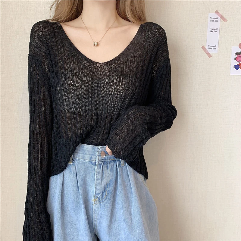 Zoki Loose Cropped Knitted Pullovers Women Sexy Hollow Out Long Sleeve Tops Korean Fall Fashion Long Sleeve Simple White Jumper