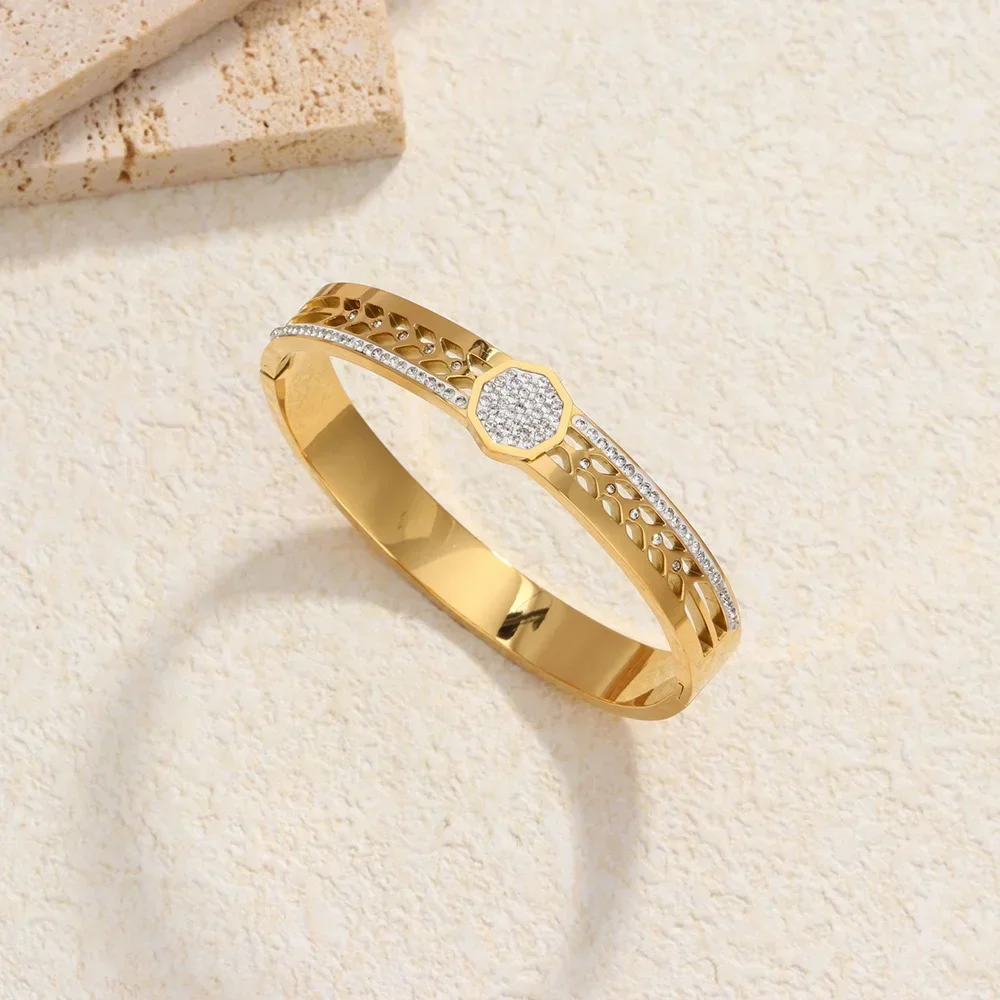 

Personality Zircon Octagon Bangles For Women Men Stainless Steel Hollow Out Leaf Cuff Bracelets Fashion Accessories Party Gifts