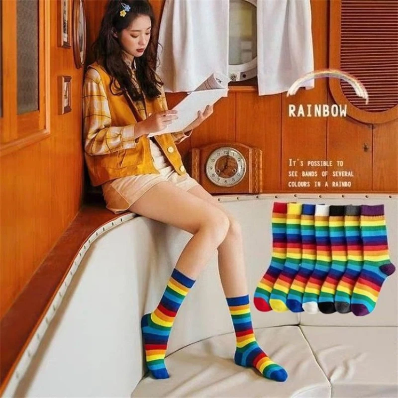 

Women's Rainbow Colorful Striped Socks Cotton Elasticity Sweat Sporty Meias Casual Retro Harajuku Long Sokken Dropship