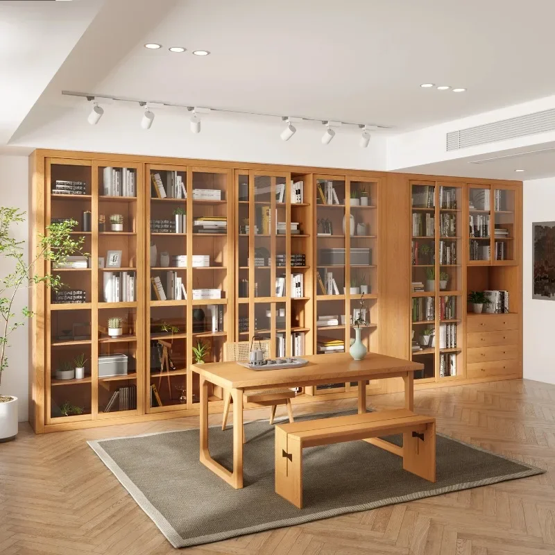 Japanese-style log bookshelf customization, whole wall full wall, all solid wood bookcase with glass sliding door