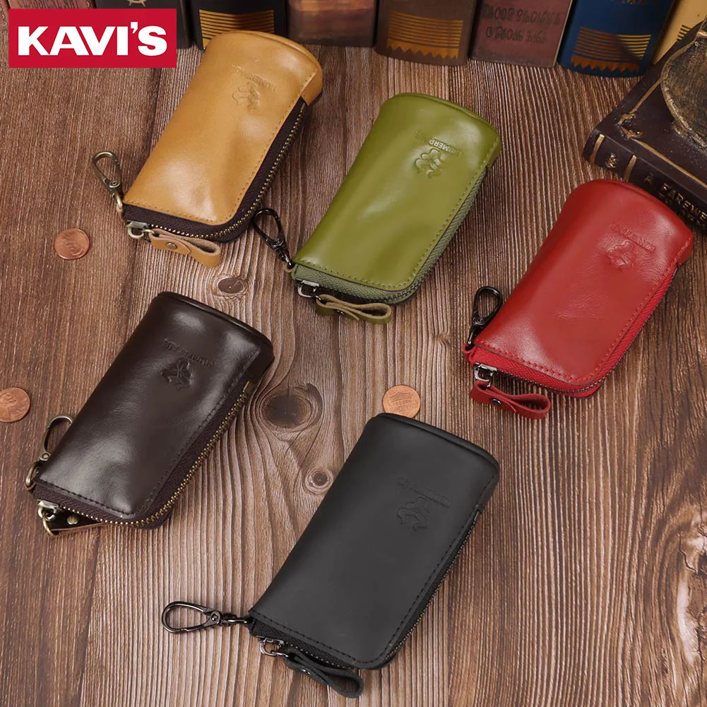 Vintage Genuine Leather Key Case Coin Purse Multifunctional Zip Key Holder Wallet with Key Ring & Hook to Organize Keys & Coins