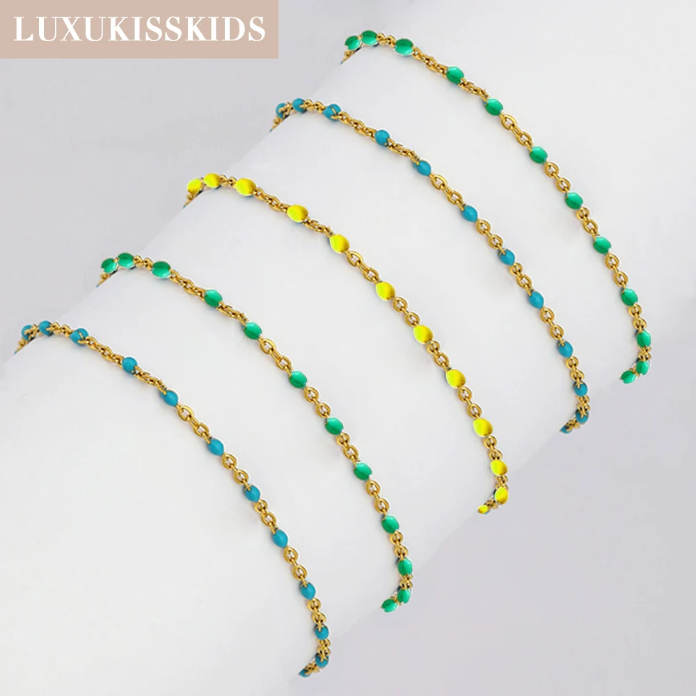 LUXUKISSKIDS Stainless Steel Enamel Beads Anklets Bead Chains Sandal Jewelry Yellow Green Blue For Woman Beach Accessories