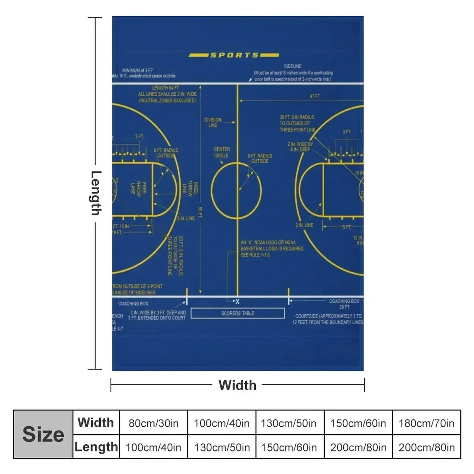 College Basketball Court Diagram Schematic for Basketball Lovers Throw Blanket Sleeping Bag Warm Blankets