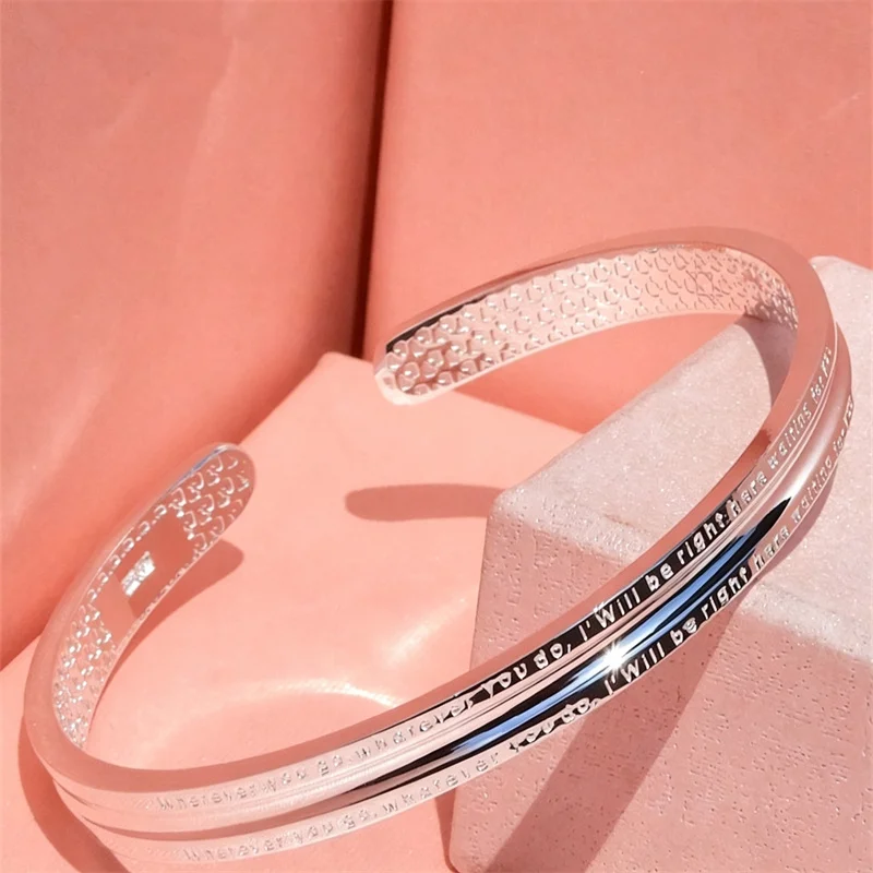 999 Sterling Silver Open Cuff Bangle for Men Women Engraved English Quote Text Bracelet Hammered Inner Texture Minimalist Couple