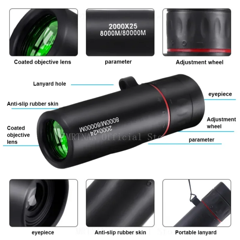 2000x24 HD Monocular Telescope Mini Portable Low Light Binocular Outdoor Camping Climbing Birdwatching Telescopes