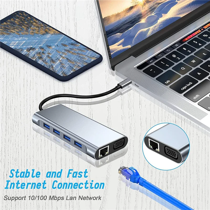 USB C 허브 도킹 스테이션, 4K HDMI 호환, VGA, USB 3.0 포트, C타입 PD, RJ45 이더넷, SD / TF 카드 리더 포함, 11 in 1