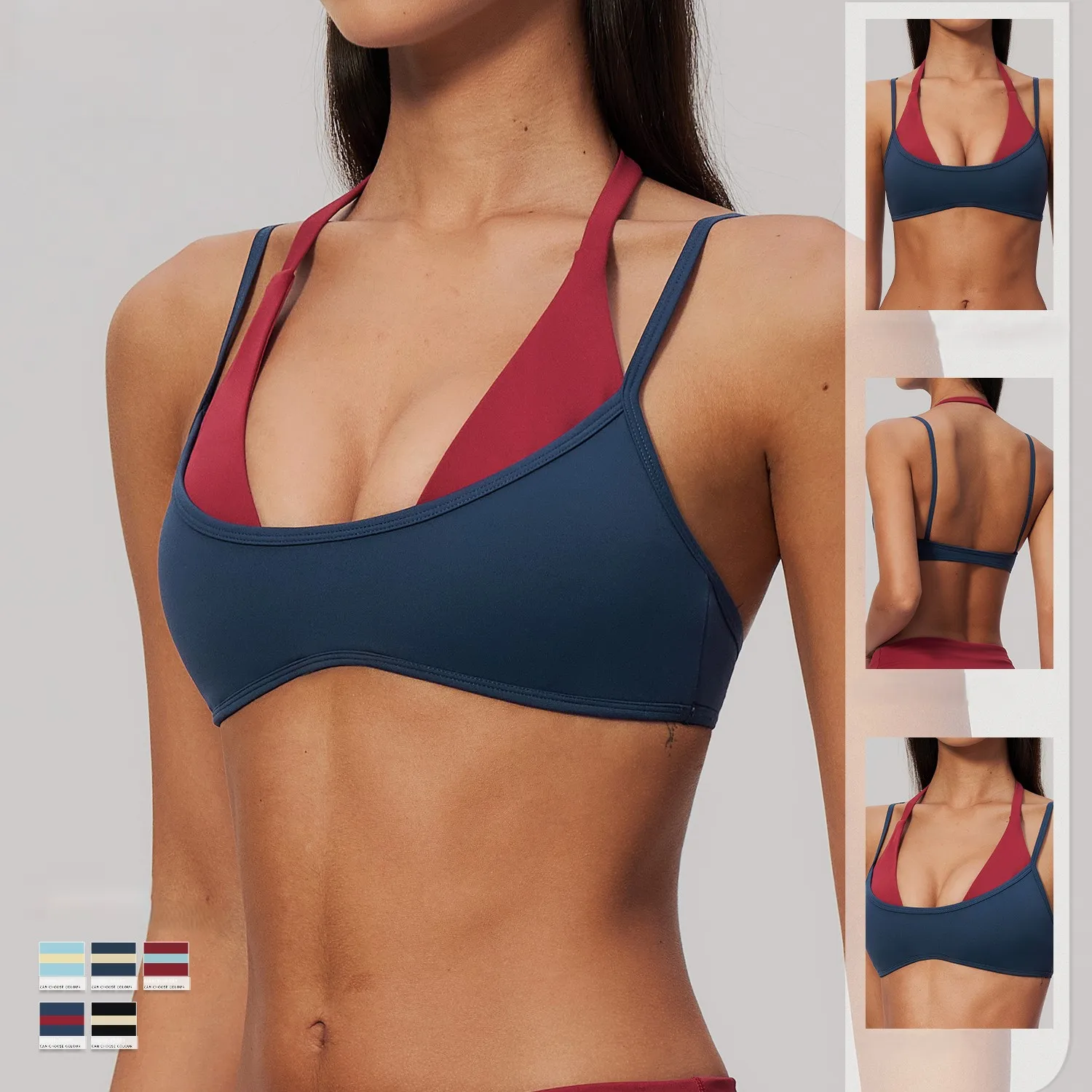 Color Block Sports Bra Women Halter Dual Straps Faux Two Piece Brushed Padded Low Medium Support Yoga Gym Workout Top