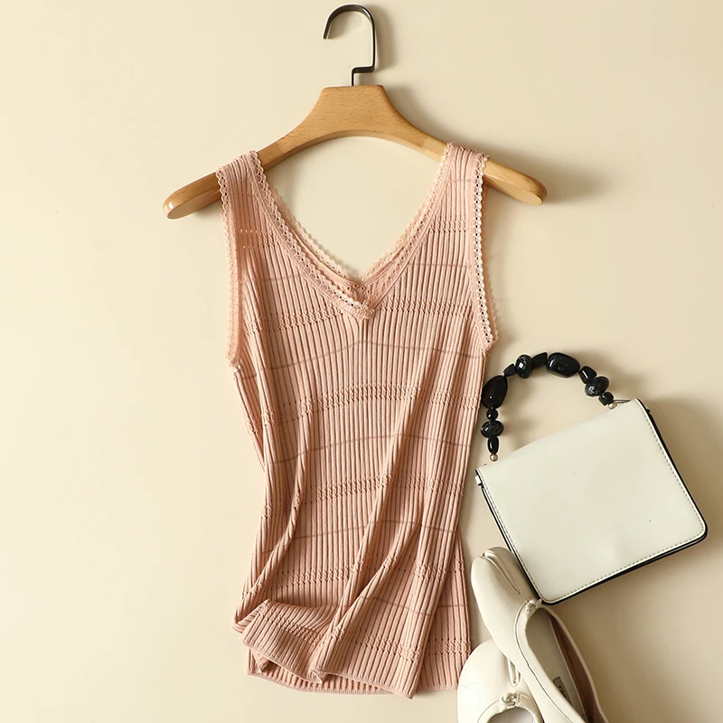 Women's Monochromatic Knitted Sweater Vest, V-Neck, Sleeveless, Slim, Elastic, Elegant Pulls, Tops, Tees, New Design, Summer