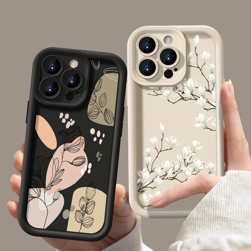 White Magnolia Pattern Phone Case For iPhone 16 15 14 Pro Max 15 16 Plus 12 13 Pro 11 Candy Color Shockproof Soft Silicone Cover