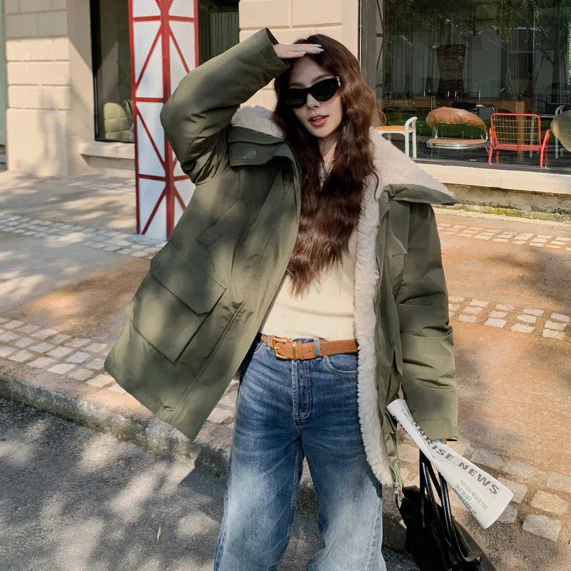 

Женская стеганая парка, пальто, однотонная флисовая куртка с отложным воротником ягненка, длинный рукав, молния, свободная посадка, офисная женская повседневная зима 2025 г.
