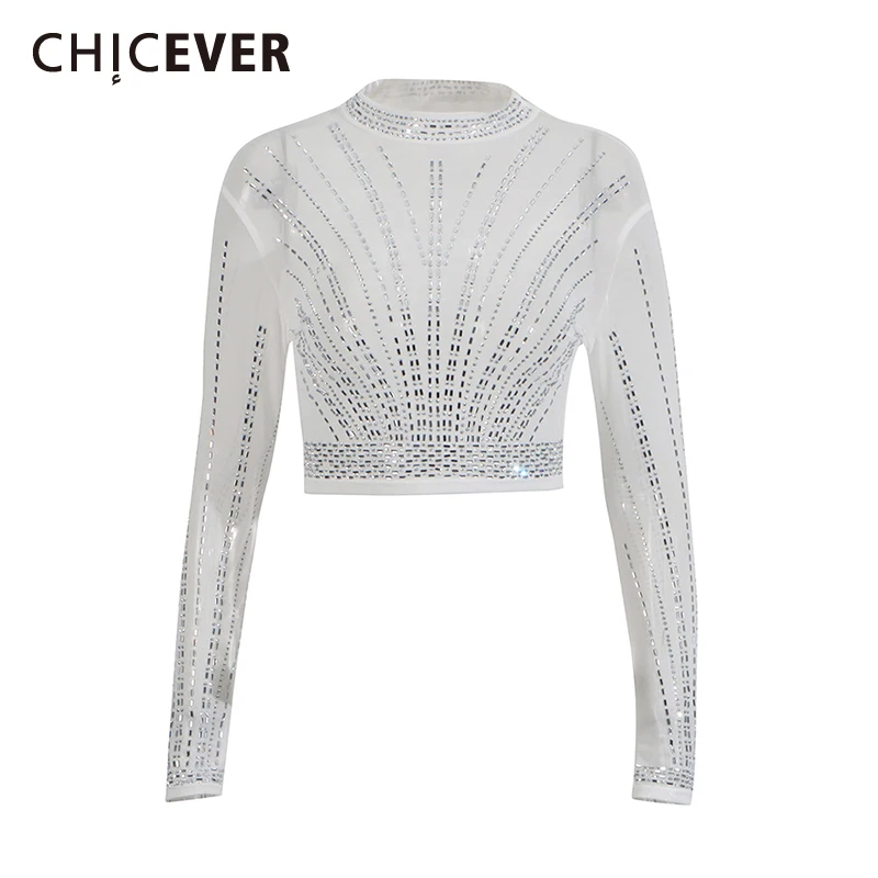 

CHICEVER Sexy Patchwork Diamonds Shirts for Women Stand Neck Long Sleeve Spliced Sheer Temperament Slim Pullover Top Female New