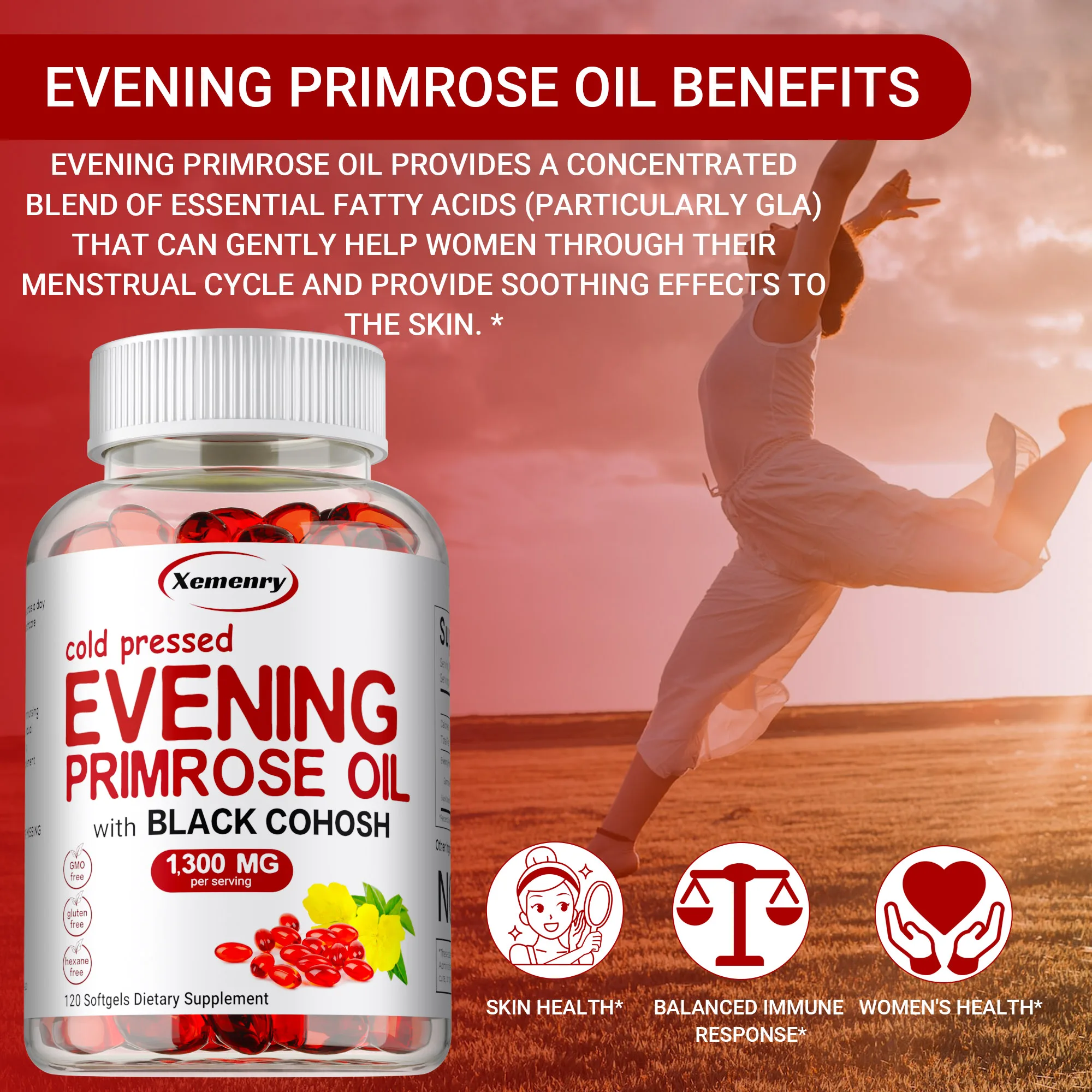 

Evening Primrose Oil - Balance Hormone, Reduces Menopausal Discomfort, Improve Endocrine Health, Promotes Skin & Immune Health